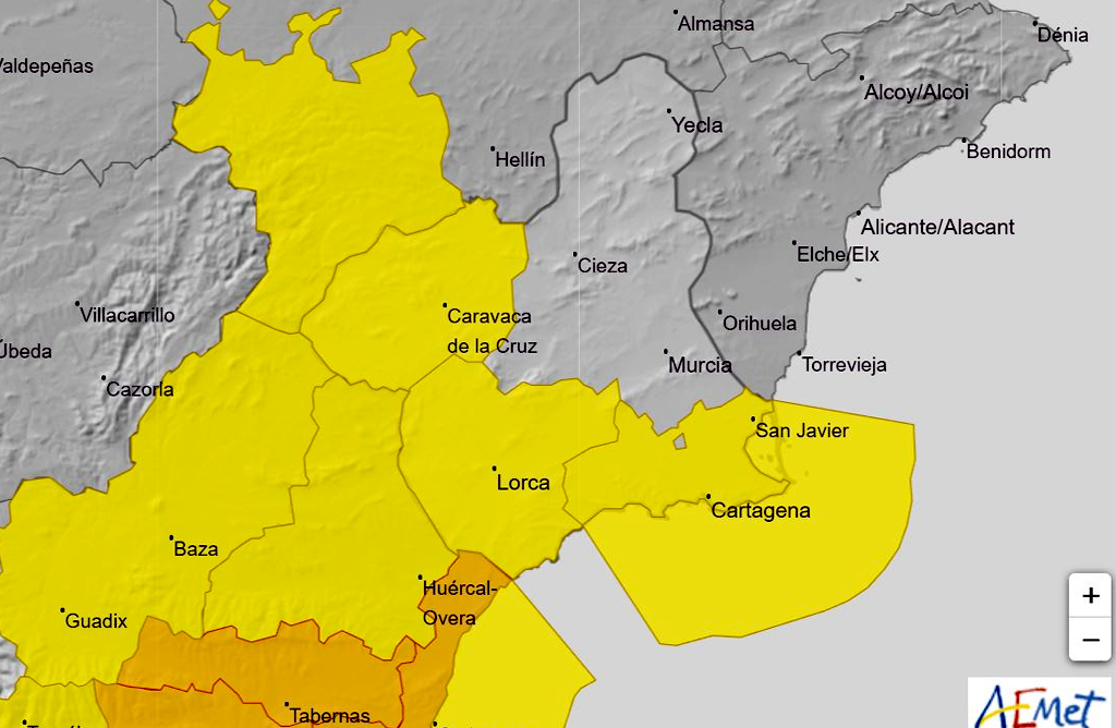 Meteorología mantiene el aviso amarillo por lluvias y tormentas en el Valle del Guadalentín hasta la medianoche
